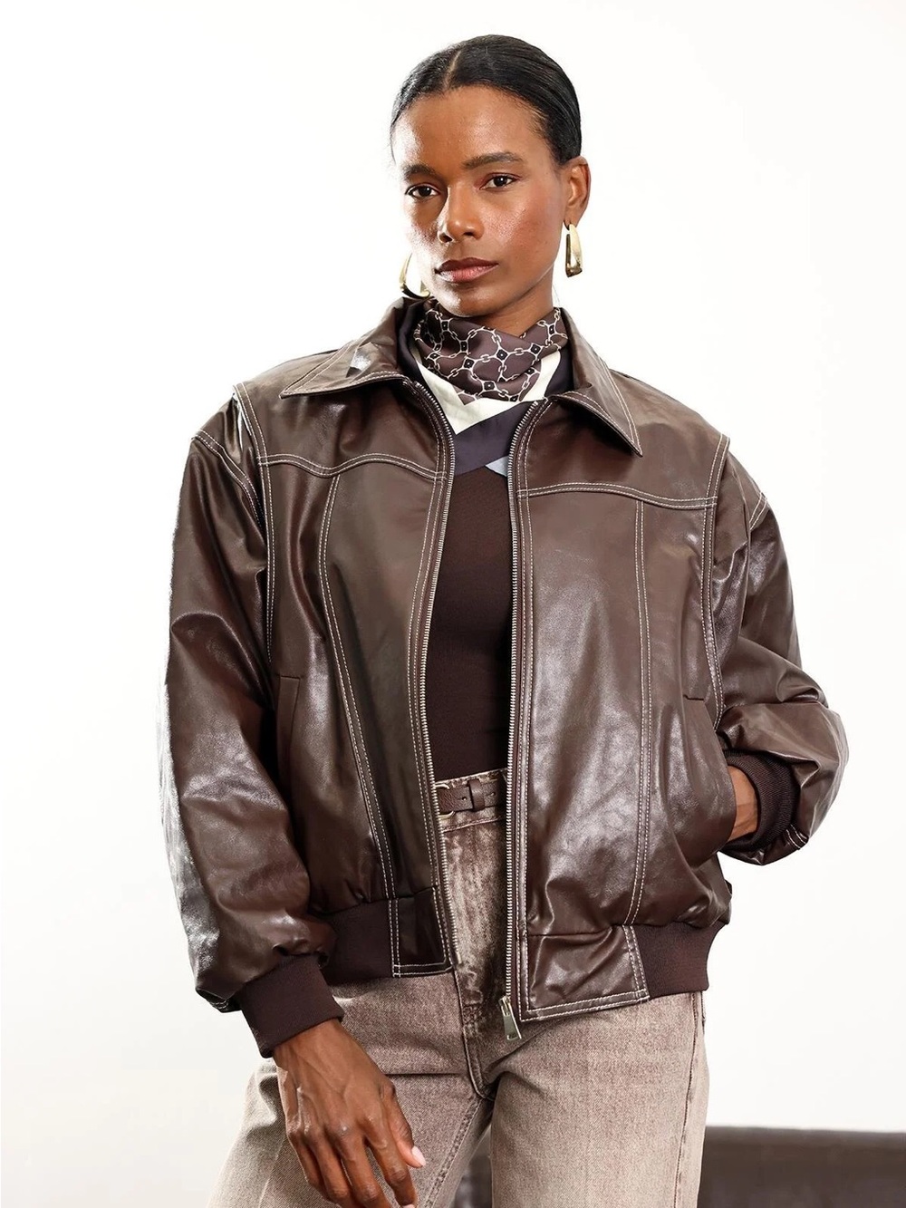 Classic Brown Faux Leather Women’s Bomber Jacket